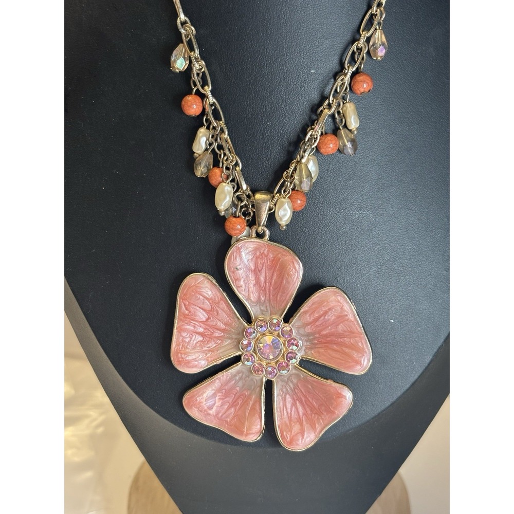 Enamel Flower AB Rhinestone Pendant Necklace Kenneth Cole KC Signed AB 16"